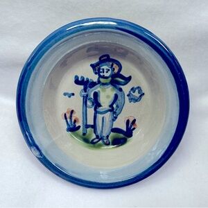 MA Hadley Pottery Hand Painted Farmer Signed Small Bowl 4.5" Wide Blue and White